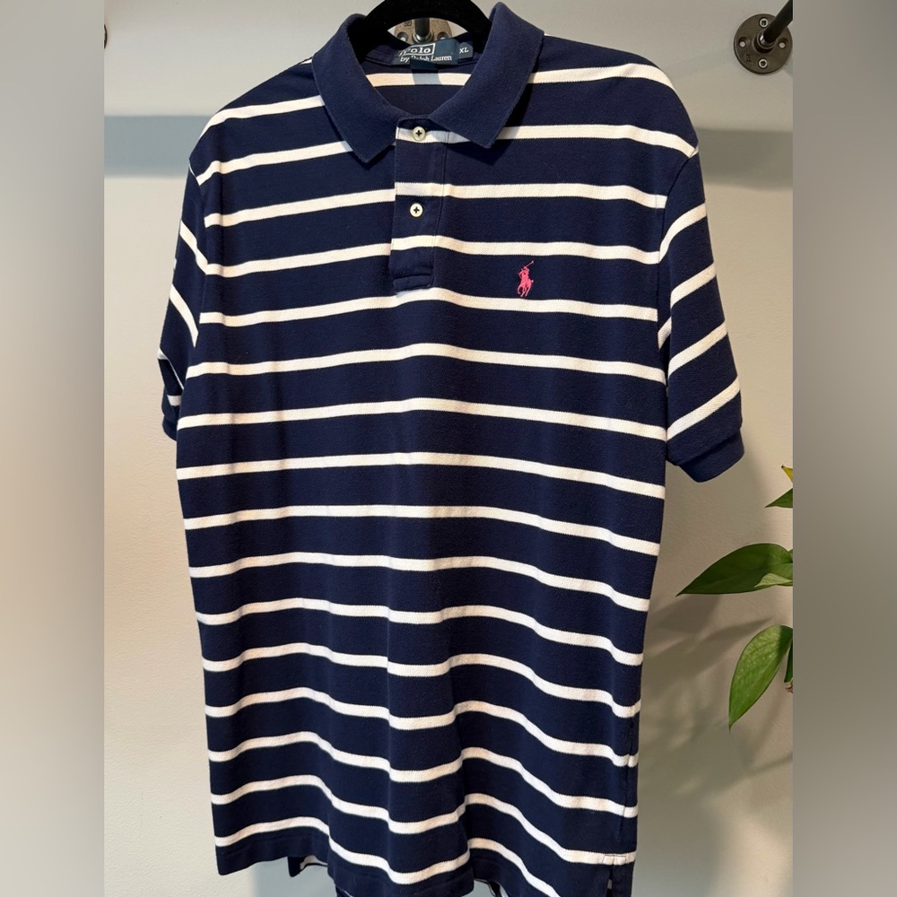 Polo Ralph Lauren Navy & White Striped Short Sleeve Polo, Pink Logo/XL